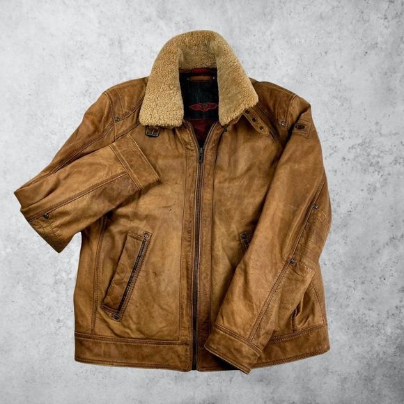 DNR Other - Leather Bomber Jacket Shearling Collar Tan Full Zip Lined Dutch Aviator Large